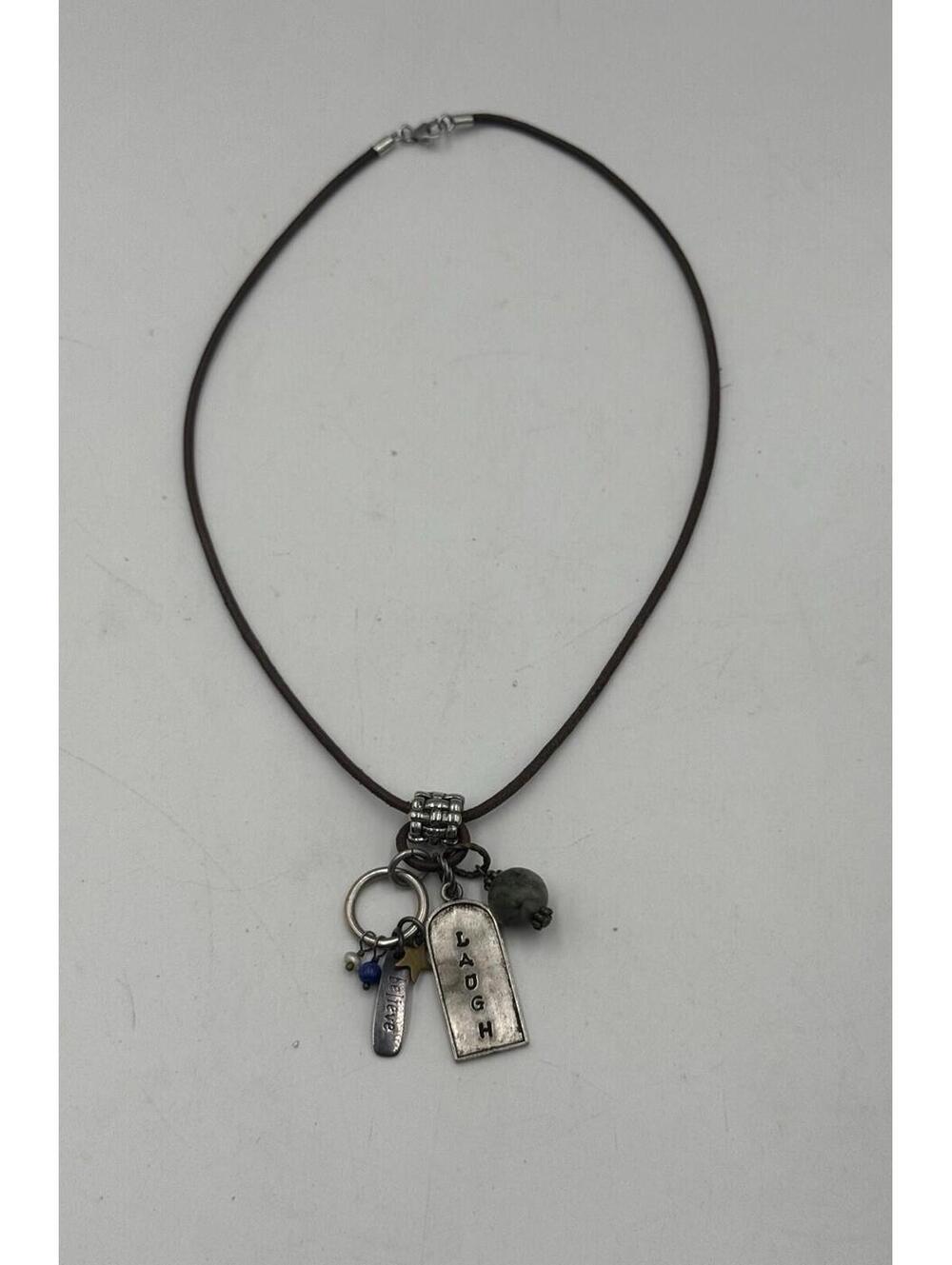 Laugh Believe Necklace w/ Charms Leather Y2K Womens